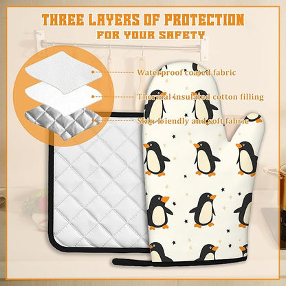 Cute Penguin Oven Mitts and Pot Holders Set, Kitchen Decor Heat Resistant Non - Image 3