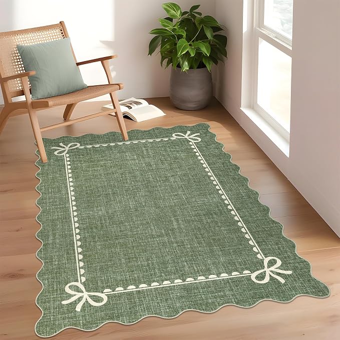 GarveeHome Scalloped Bow Rug for Living Room, Solid Green Rug for Dorm by GarveeHome