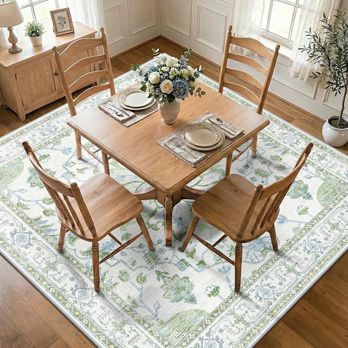 RELEANY Area Rugs Square 7ft Washable Non-Slip, Floral Vintage Distress by RELEANY