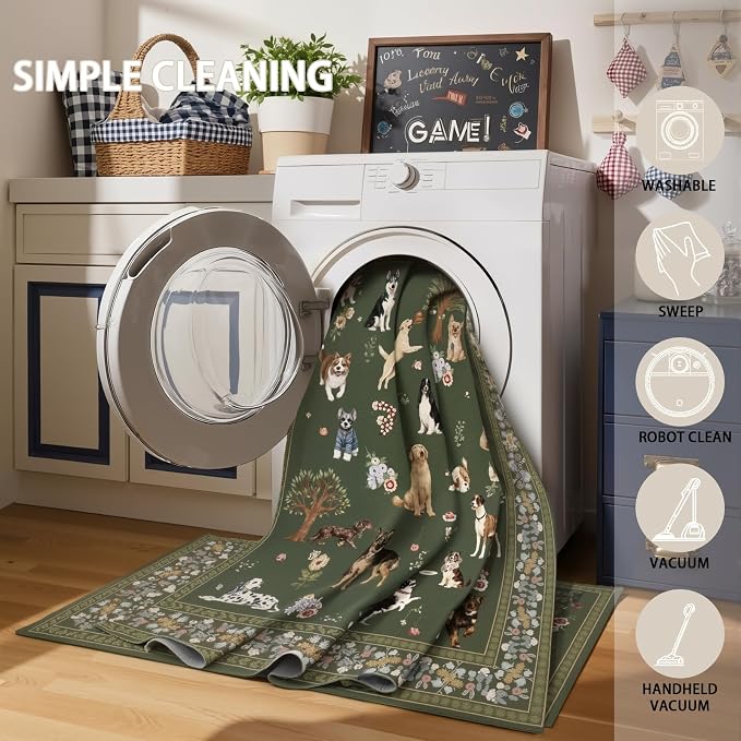 Dogs Area Rugs 9x12 Living Room, Washable Rug Non Slip Floral Low Pile Large Rug - Image 6