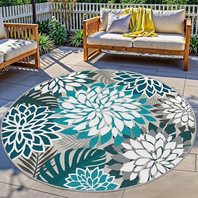 Colorful 6FT Outdoor Round Area Rug Washable Rugs Multicolored Patio Rug by ArenaRug