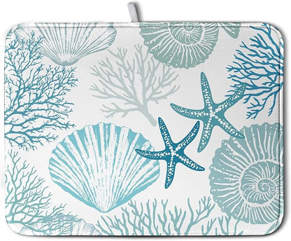 Summer Teal Dish Drying Mat for Kitchen Counter Nautical Coastal Blue Dishes by Kwlegh