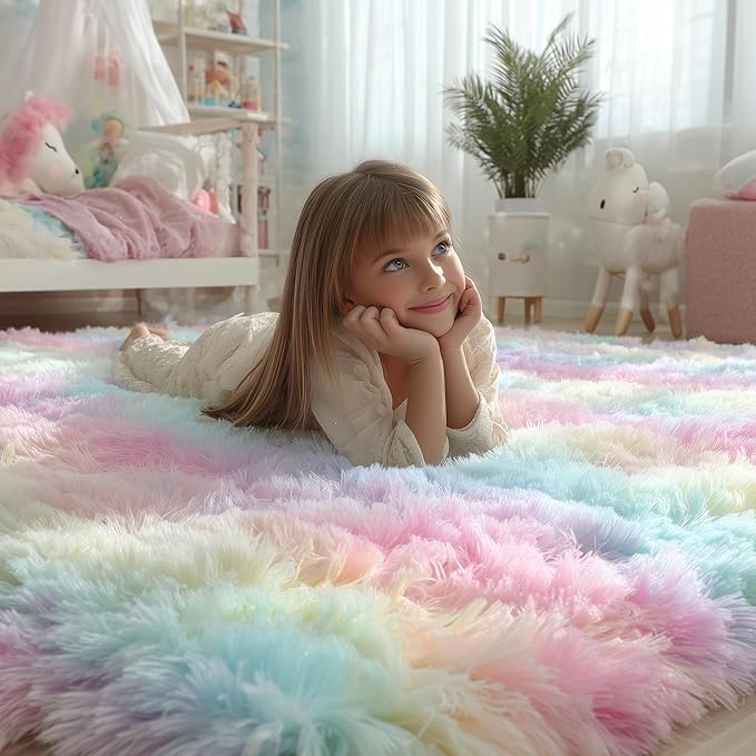 PAGISOFE Rainbow Runner Rugs for Girls Bedroom Plush Fluffy Hallway Rug 2x6 Ft - Image 2