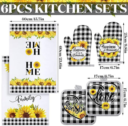Leinuosen 6 Plaid Sunflower Kitchen Towels Kitchen Decor and Accessories Set - Image 3