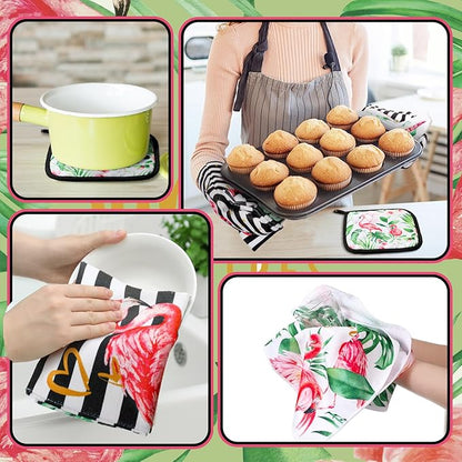 Bencailor 6 Pcs Flamingo Kitchen Towels Oven Mitts and Pot Holders Set - Image 6