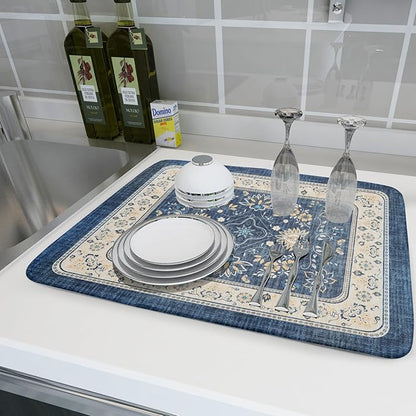 Blue Boho Dish Drying Mat for Kitchen Counter 18x24 Inch Fast Dry Drying Pad - Image 6