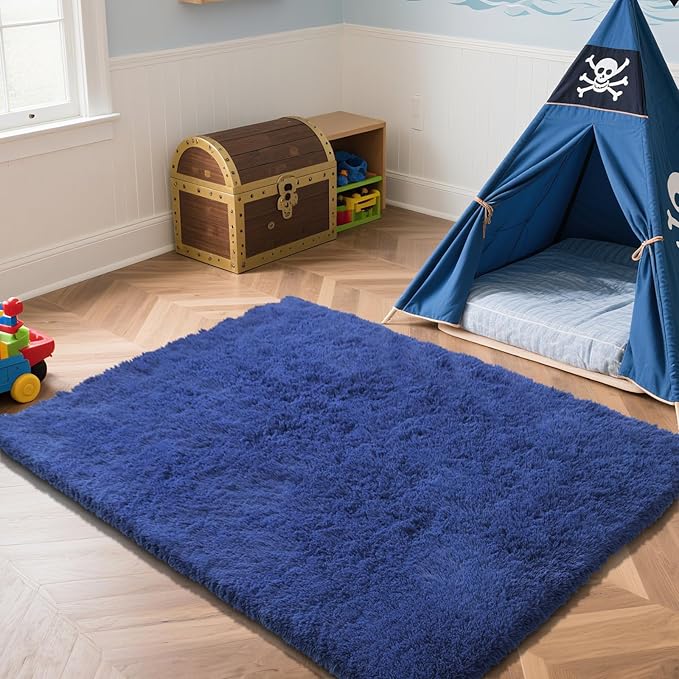 Blue Fluffy Rug Shag Area Rug, 6x9 Area Rugs - Image 2