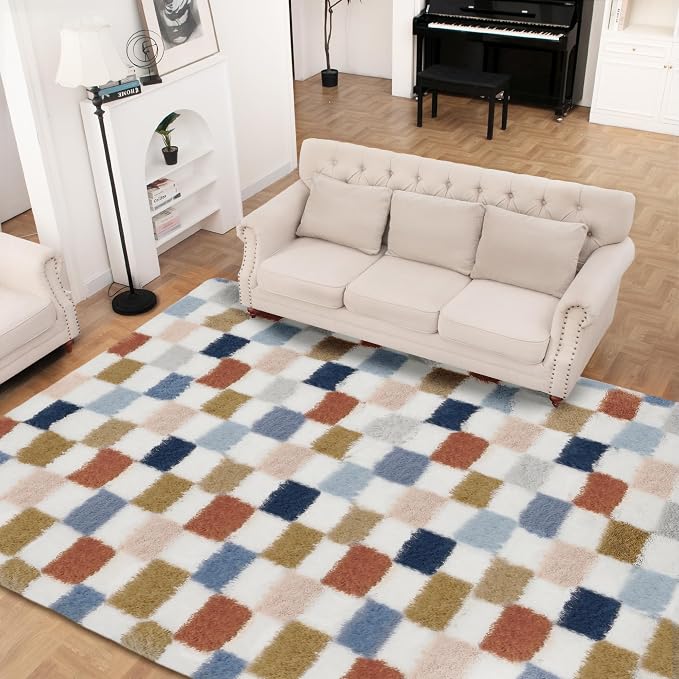 Super Soft Rug for Bedroom, 4x6 Ft Rainbow Area Rug Classic Checkered Shaggy - Image 7