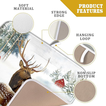 Giwawa Winter Deer Dish Drying Mat 16"x18" Xmas Tree Bird Holly Berry Dish - Image 4