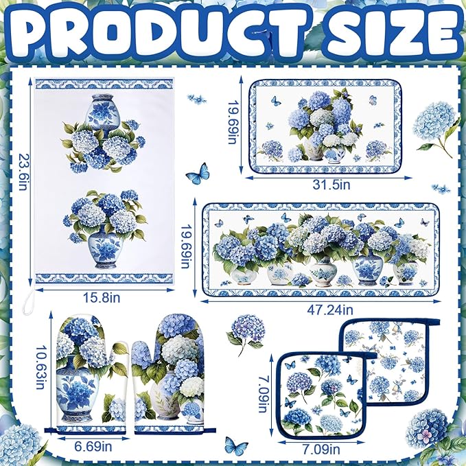 Fanfanwin 10 Pcs Chinoiserie Blue White Hydrangea Kitchen Decor Set Blue and - Image 3