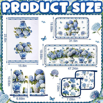 Fanfanwin 10 Pcs Chinoiserie Blue White Hydrangea Kitchen Decor Set Blue and - Image 3