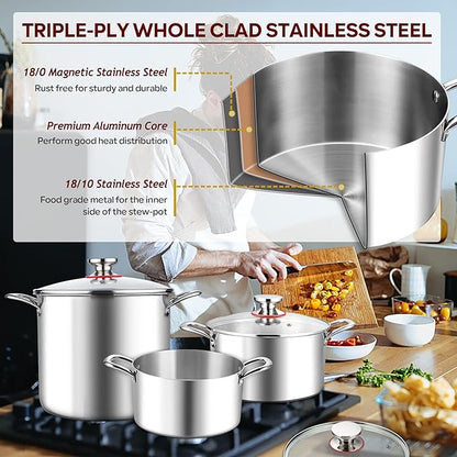 E-far 5 Quart Stock Pot with Lid, 18/10 Tri-ply Stainless Steel Stockpot - Image 3