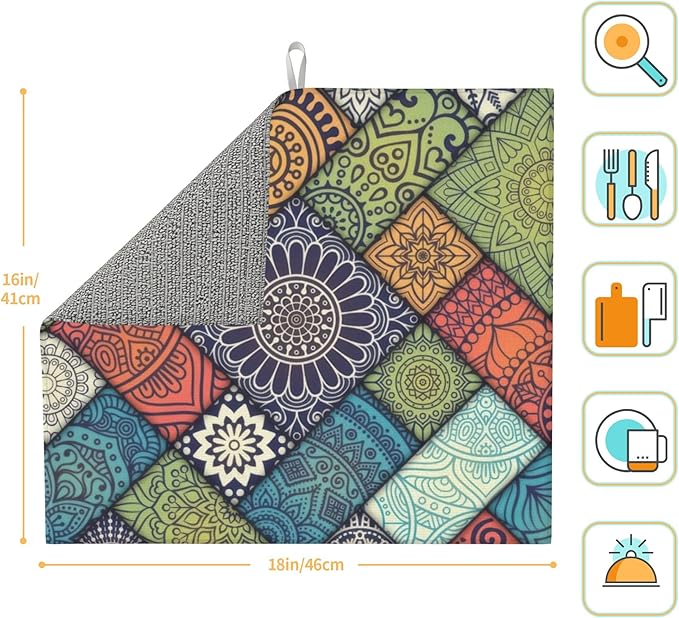 Retro Boho Dish Drying Mat 16x18 Inch, Microfiber Absorbent Fast Dry Mat - Image 2