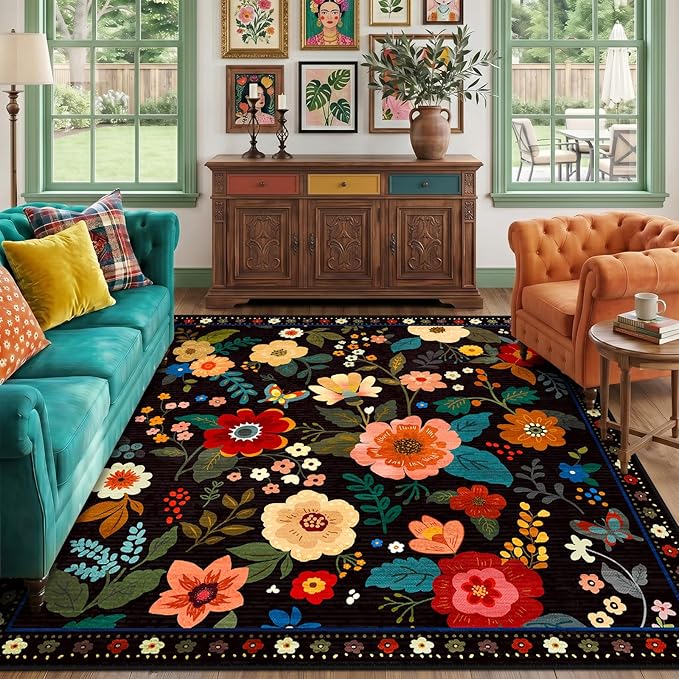 RELEANY Floral Square 8ft Area Rugs Washable Print Boho Cute Carpet Non Slip by RELEANY