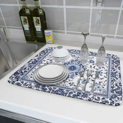 Boho Floral Dish Drying Mat 18x24 Inch Blue Leaves Kitchen Drying Pad - Image 6