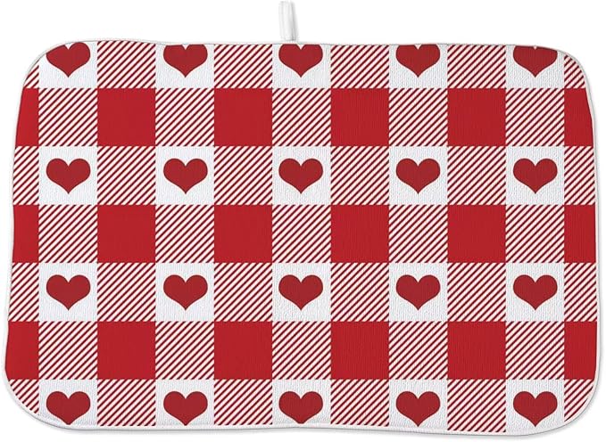 Happy Valentines Day Dish Drying Mat 18 x 24 inch Red Checkered Love Hearts by AEIOAE