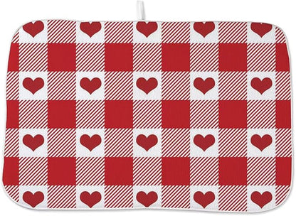 Happy Valentines Day Dish Drying Mat 18 x 24 inch Red Checkered Love Hearts by AEIOAE