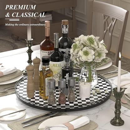 21" Black and White Kitchen Lazy Susan Turntable, Round Checkered Decorative - Image 3