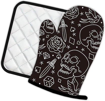 Skull Head with Rose Oven Mitts and Pot Holders Kitchen Cooking Gloves 2 Pcs - Image 2