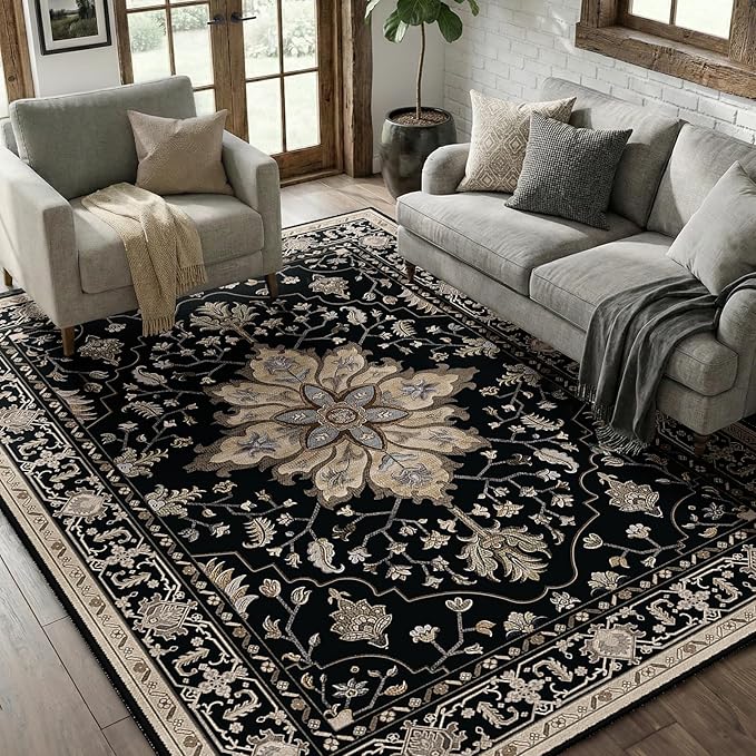 RELEANY Area Rugs 6'x8' Washable Non-Slip, Floral Vintage Distress Medallion by RELEANY