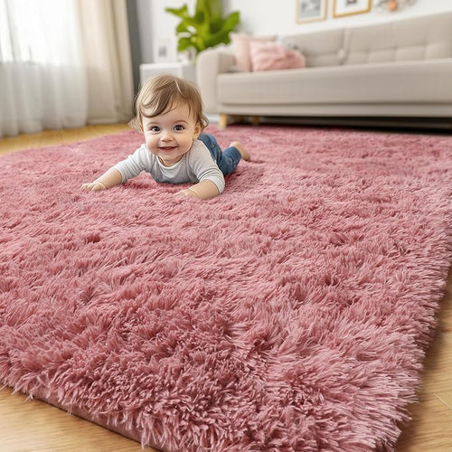 Amdrebio Blush Pink Area Rugs for Girls Bedroom, Furry Fluffy Cute Small Rug by Amdrebio