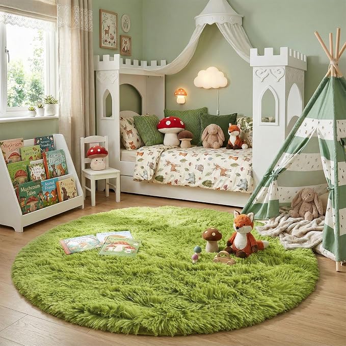 Grass Green Round Rugs 5Ft for Bedroom, Fluffy Shaggy Circle Area Rugs for Kids - Image 3