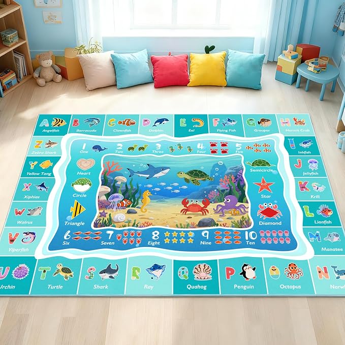 ABC Kids Ocean Rug for Playroom, 4x6 ft Alphabet Classroom Rug, Educational - Image 9