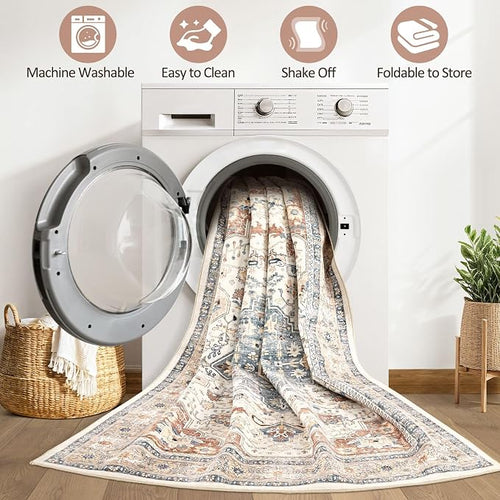 8x10 Area Rugs Living Room: Washable Boho Large Neutral Vintage Soft Rug Stain - Image 2