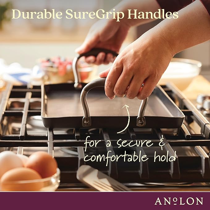 Anolon Advanced Home Hard Anodized Nonstick Double Burner Griddle with Roasting Rack, 10 Inch x 18 Inch, Moonstone