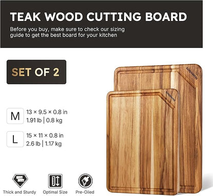 2 Pack Teak Wood Cutting Board Set Non Slip Over Sink Charcuterie Board Serving - Image 2