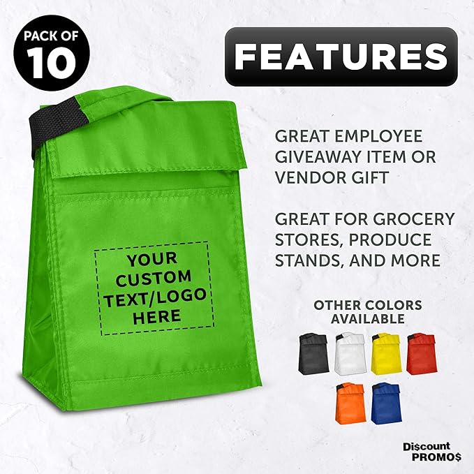 DISCOUNT PROMOS 10 Hook and Loop Insulated Lunch Bags Set - Customizable Text, Logo - Polyester, Durable, Vibrant, Reusable - Green