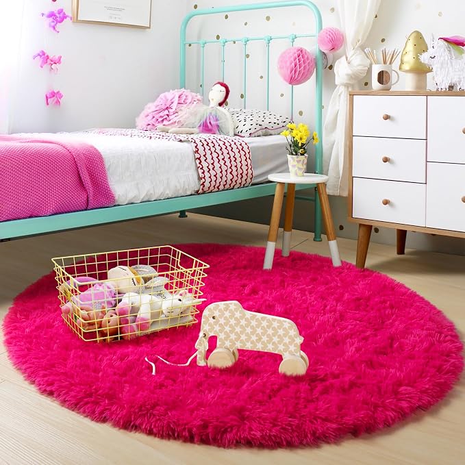 Hot Pink Small Round Rug 3Ft for Girls Bedroom, Fluffy Circle Area Rugs for - Image 2