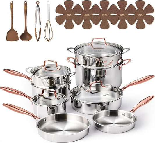 CAROTE 21pcs Tri-Ply Stainless Steel Cookware Set, Pots and Pans Set, Non Toxic by CAROTE