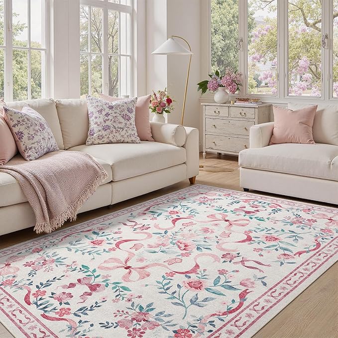 DCX Washable 6x9 Bow Rug, Cute Soft Low Pile Indoor Décor Carpet, Kid & Pet - Image 2