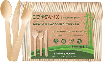 ECOSANX® 200 PCs Disposable Wooden Cutlery set 6.5" Splinter Free Compostable by ECOSANX
