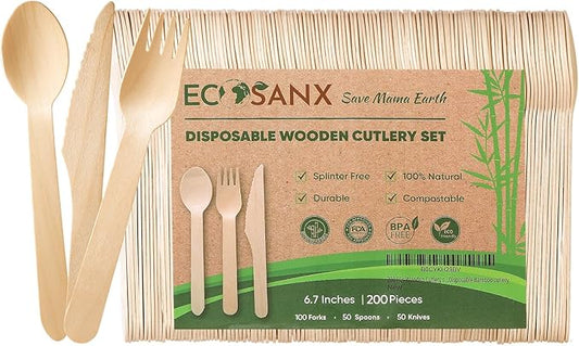 ECOSANX® 200 PCs Disposable Wooden Cutlery set 6.5" Splinter Free Compostable by ECOSANX