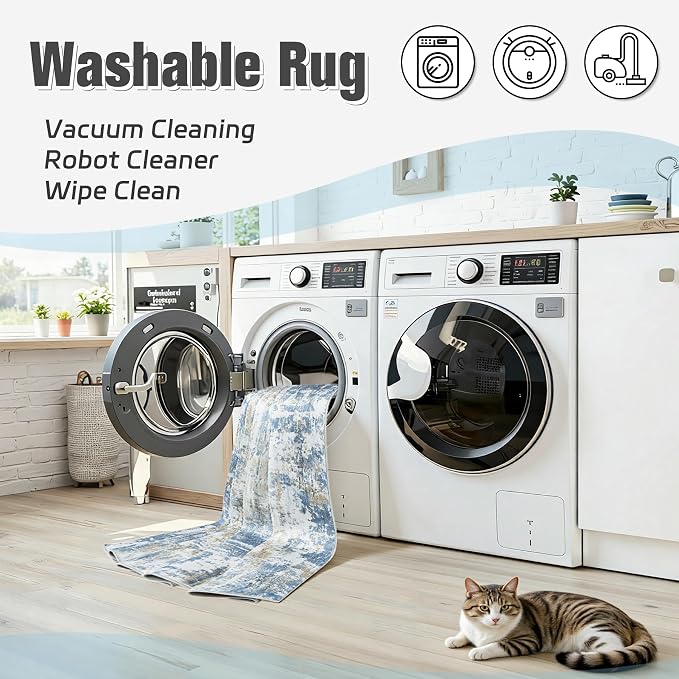 Area Rug 5x7 Living Room Rug Washable: No-Slip Abstract Soft Thin Large Blue - Image 2