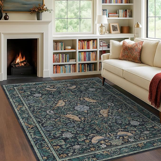 Cottagecore 5x7 Blue Rugs for Bedroom, Washable Forest Area Rug for Dining Room by HazoHaus