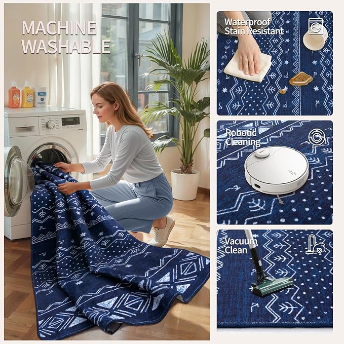 SERISSA 4x6 Area Rugs for Living Room, Washable Non-Slip Blue and White Boho Rug - Image 3