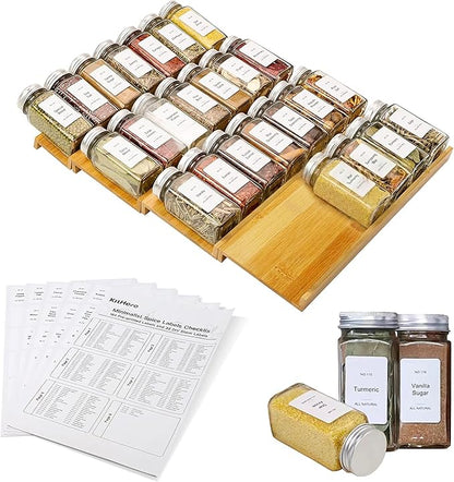 Spice Drawer Organizer with 28 Spice Jars and 216 Labels, Non-slip Rubber by KitHero