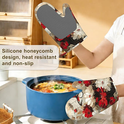 Oven Mitts and Pot Holders White Red Flower Silicone Kitchen Accessories Set of - Image 4