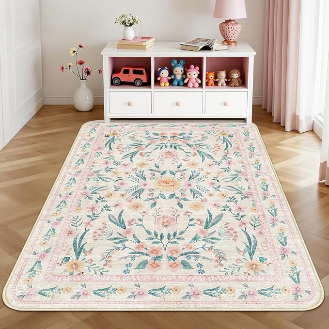 Floral Rug 5x7, Soft Low Pile Cottagecore Carpet - Image 3