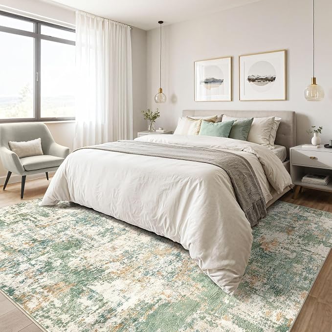 12x18 Area Rug Living Room: Washable Large Abstract Soft Green Rug Stain - Image 4