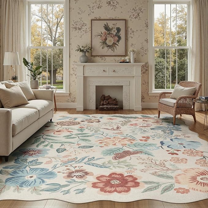 DCX Beige Floral Rug 9x12, Washable Beige Rug - Image 6
