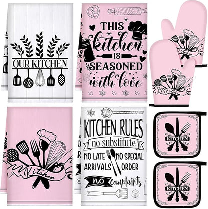 Leinuosen 8 Pcs Kitchen Towels and Oven Mitts Sets Pot Holders Dishcloths Set by Leinuosen