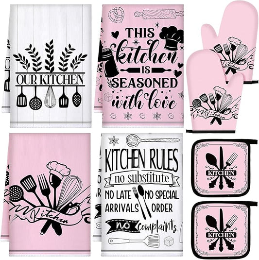 Leinuosen 8 Pcs Kitchen Towels and Oven Mitts Sets Pot Holders Dishcloths Set by Leinuosen