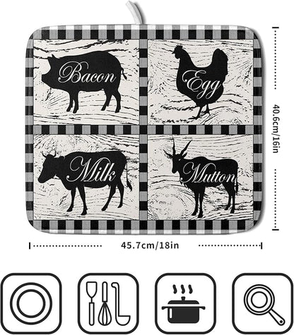 Farmhouse Animal Dish Drying Mat Buffalo Plaid Drainer Rack Mats Fast Dry - Image 2
