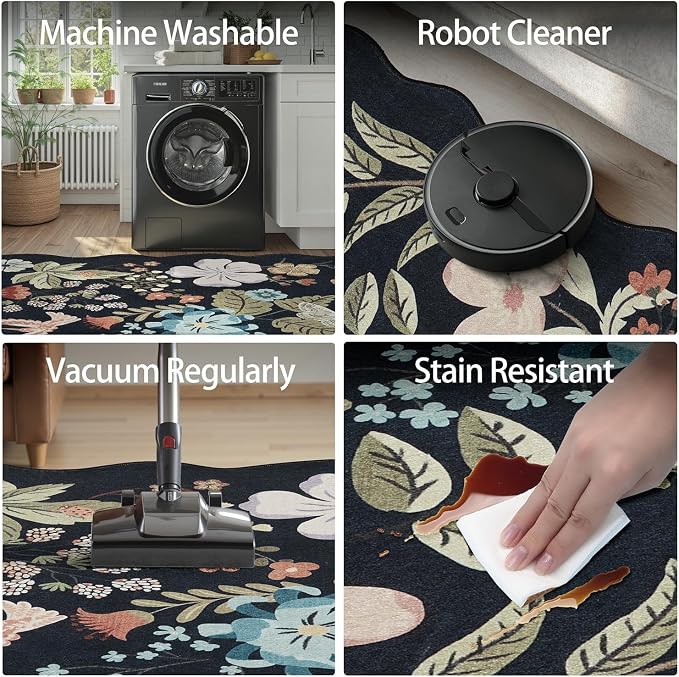 DCX Black Floral Rug 4x6, Washable Black Rug - Image 7