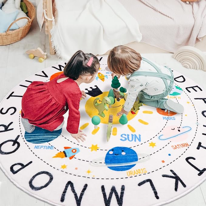 Round ABC Space Kids Rugs, 4 ft Non-Slip Solar System Alphabet Rugs, Washable - Image 6