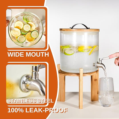 Glass Beverage Dispenser with Bamboo Stand 6.7 In and Lid, Iced 1.5 Gallon - Image 3